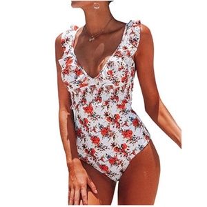 Smocked Waist Floral V Neck Ruffled One Piece Swim